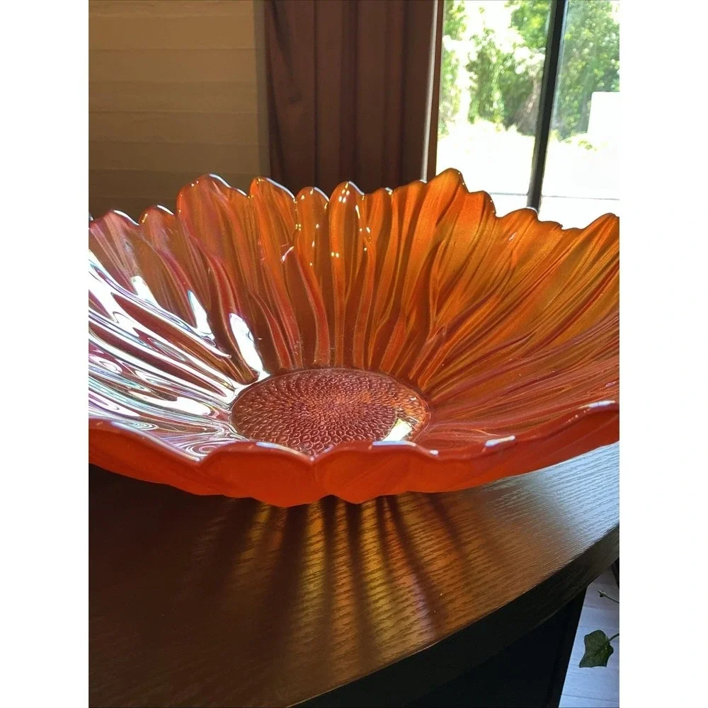 Akcam Sunflower Turkish Orange Iridescent Art Glass‎ Decorative Bowl 15